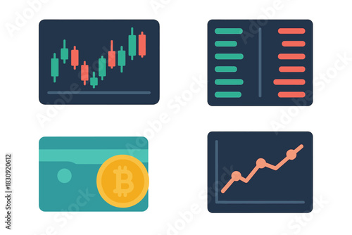 Financial trading charts, cryptocurrency wallet, and market data analysis symbols