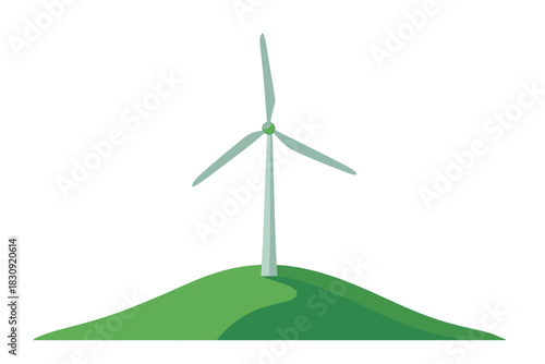 Modern wind turbine generating clean renewable energy on a grassy green hill isolated on white background