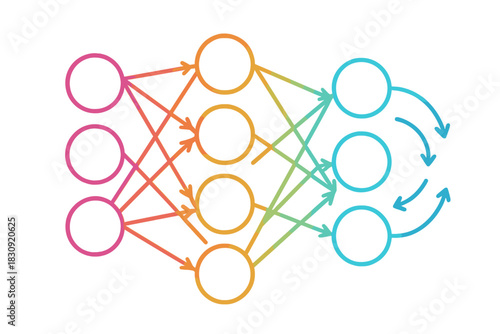 Colorful gradient diagram of an artificial neural network structure for deep learning technology and machine intelligence