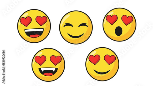 Collection of cheerful and expressive emoji illustrations depicting various states of love, happiness, and adoration with iconic heart eyes and joyful smiles, perfect for digital communication