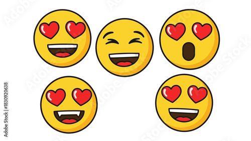 Collection of five different yellow smiley face emojis with various expressions, featuring hearts for eyes