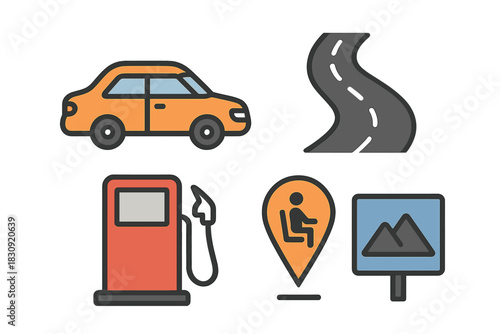 Essential symbols for road trip navigation and automotive travel services