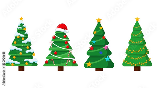 A festive collection of four illustrated Christmas trees, each with unique holiday decorations like snow, lights, and ornaments, isolated on white
