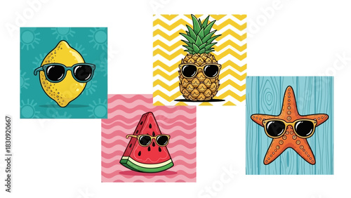 A vibrant collection of summer-themed illustrations featuring cool fruits and beach characters wearing stylish sunglasses, perfect for adding a playful touch to any design project