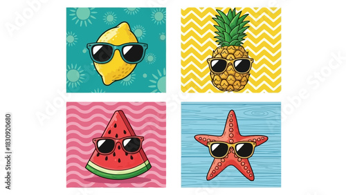 Cool summer characters lemon, pineapple, watermelon, and starfish, all wearing sunglasses on vibrant patterned backgrounds, perfect for a fun vacation theme