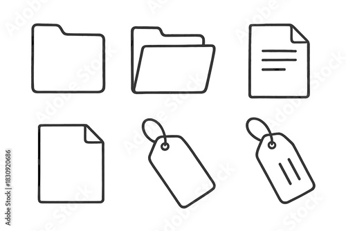Simple line icons of folders, documents, and price tags for web and app interfaces