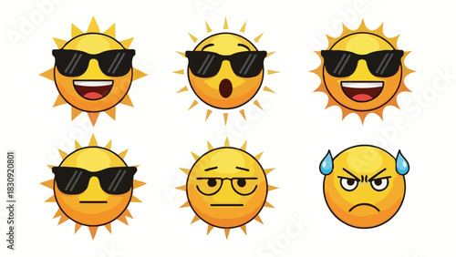 Set of six cartoon sun characters with sunglasses showing various emotions like happiness, surprise, and anger