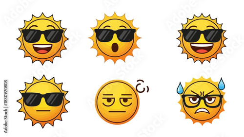 Set of vector sun emoticons showing a range of feelings. Funny summer character icons with different moods from happy to angry