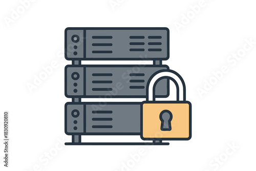 Secured server rack with a large padlock symbolizing data protection and network safety