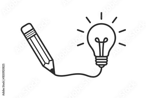 Pencil drawing a line connecting to a glowing light bulb representing creative idea and inspiration