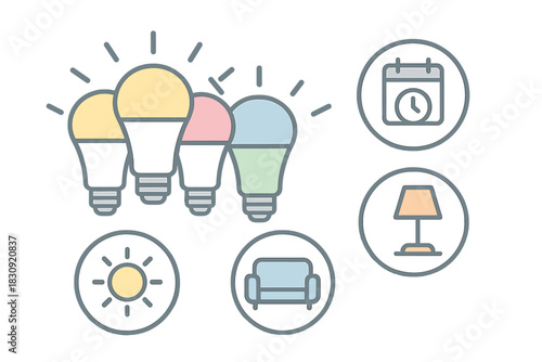 Smart home lighting control system icons with colored LED bulbs and automation settings