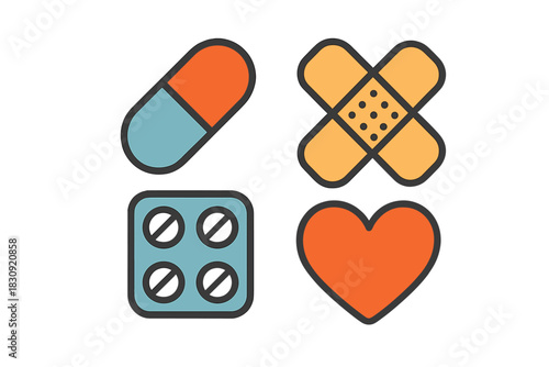 Essential health and medicine symbols featuring a pill, adhesive bandage, blister pack, and heart shape