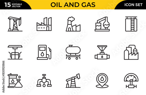 Oil and Gas line icon set. Containing fuel, refinery, petroleum, oil well, gas pump, offshore platform, lubricant, oil barrels. Thin outline icons pack. Vector illustration