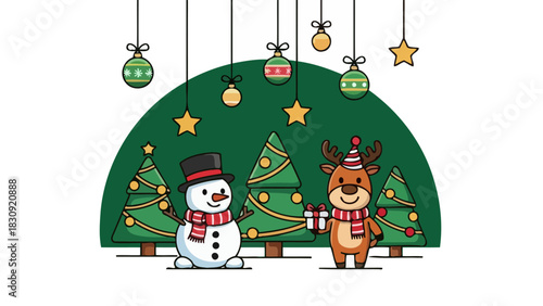 Festive Christmas Scene Snowman and Reindeer with Gifts and Decorations in a Winter Wonderland