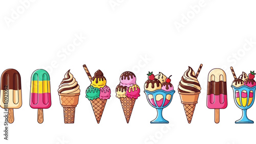 A vibrant and diverse collection of delicious frozen desserts, showcasing a delightful assortment of refreshing popsicles, classic ice cream cones, and creamy sundaes, perfect for sweet cravings