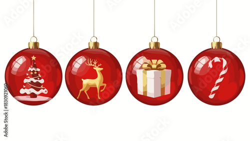 Festive Christmas Ornaments Red baubles with winter scenes, reindeer, gift, and candy cane designs on a white background, perfect for holiday decor and celebrations