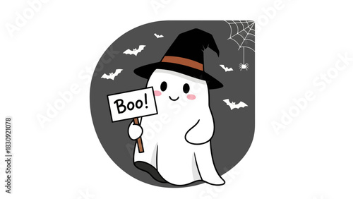 Whimsical Halloween Ghost with 'Boo!' Sign Spooky Charm for Festive Designs
