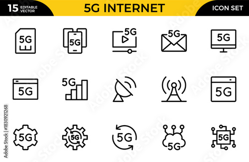 5G web outline icon for business and technology, speed, signal, network, technology, big data, IoT, and traffic icons. Thin outline icons pack. Vector illustration