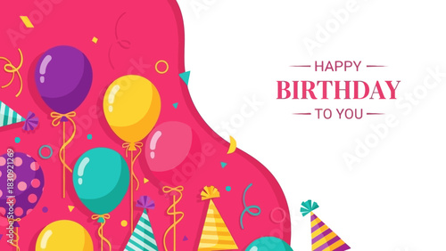 Colorful Happy Birthday Card with Balloons and Confetti on a Pink Background