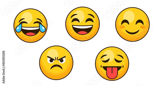 A vibrant set of cartoon emoticons displaying a range of emotions including laughter, happiness, anger, and playfulness on a white background