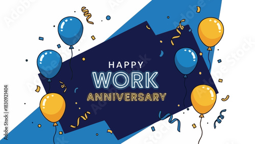 Joyful Work Anniversary Celebration Illustration with Balloons and Confetti, Marking Professional Milestones and Corporate Achievements