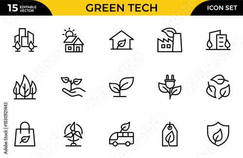 Green Tech line icon set. Solar, wind, clean power, green tech, net-zero, and eco solutions. Thin outline icons pack. Vector illustration