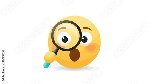A surprised yellow emoji emoticon holding a magnifying glass to search, investigate, and inspect closely