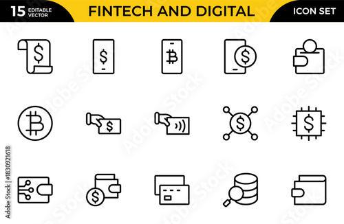 Fintech and Digital line Icon set. Digital banking, mobile payments, cloud tech, robotics, digital wallet, app, neo bank, innovation. Thin outline icons pack. Vector illustration