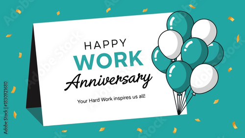 Happy Work Anniversary Greeting Card Design with Festive Balloons and Confetti, Employee Recognition Message