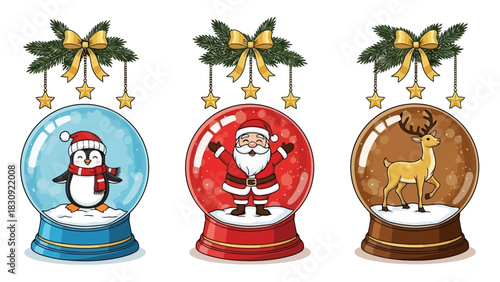 A charming cartoon collection of festive Christmas snow globes with Santa, a cute penguin, and a reindeer