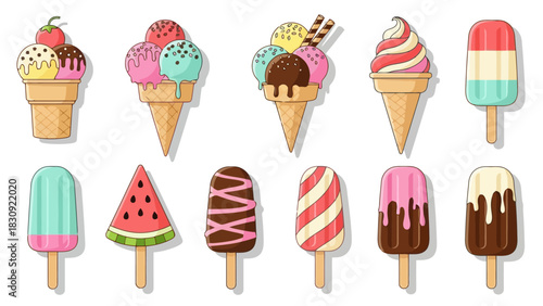 Delicious assortment of colorful cartoon ice creams, including cones with scoops and various frozen popsicles