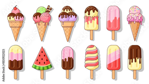 A delightful assortment of colorful and delicious ice cream cones and popsicles, featuring various flavors and toppings for a sweet summer treat collection