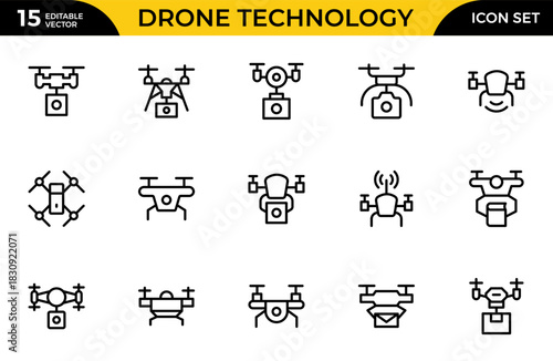 Drone Technology outline icon set. Contains linear outline icons like Quadrocopter, Propeller, Remote Control, Radar, Camera. Thin outline icons pack. Vector illustration