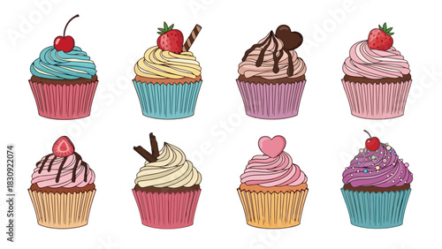 A delightful assortment of beautifully decorated cupcakes, a collection of sweet bakery treat illustrations