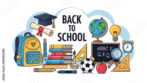 Colorful cartoon banner with a collection of school supplies and educational icons for learning concepts