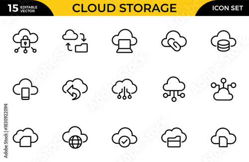 Cloud Storage line icon set. Including data storage, cloud storage data, technology services, server. Thin outline icons pack. Vector illustration