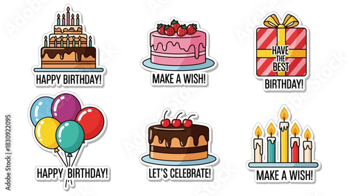 Delightful Collection of Birthday and Celebration Vector Stickers Featuring Cakes, Gifts, Balloons, and Candles with Cheerful Greetings
