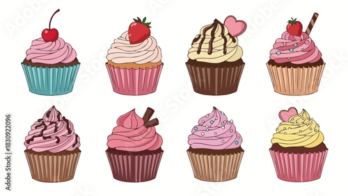 Colorful Cupcakes Collection Delicious Treats in Various Flavors with Cherry, Strawberry, and More