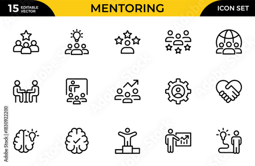Mentoring outline icon set. Mentor, training, skill, leadership, target, time, communication, plan, education. Thin outline icons pack. Vector illustration