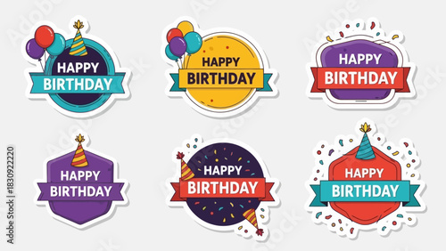 Vibrant Happy Birthday Badges Collection Festive Party Stickers with Balloons, Confetti, and Hats for Celebratory Greetings and Events