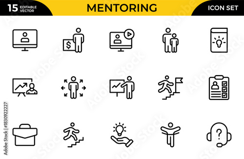 Mentoring outline icon set. Mentor, training, skill, leadership, target, time, communication, plan, education. Thin outline icons pack. Vector illustration