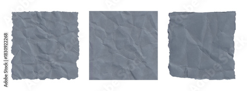 Realistic Gray Crumpled Torn Paper Sheets Isolated on White. Album cover, blank textured pages, posters, notes and vintage design mockups for text. Crumpled and torn paper squares. Vector graphic set