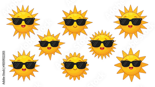 Collection of cheerful cartoon suns wearing sunglasses against a white background