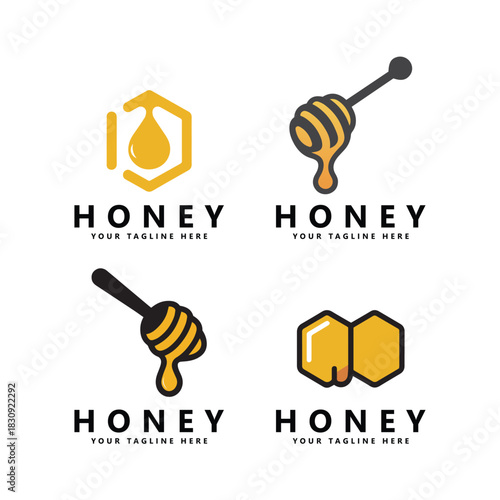 Honey comb logo icon set bees vector design template