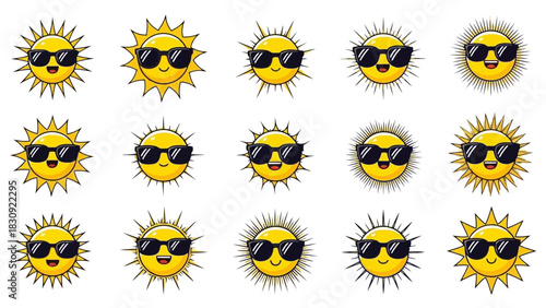 Collection of cute cartoon sun characters with sunglasses. Set of happy summer emoji icons