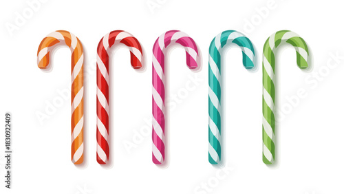 Vibrant collection of classic striped candy canes in a rainbow of festive colors, perfect for holiday sweets, decorations, and joyful celebrations