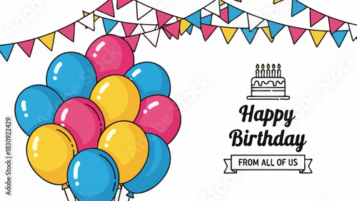 Vibrant and cheerful birthday celebration graphic with an assortment of colorful balloons, festive pennants, and a decorated cake, perfect for greetings and invitations