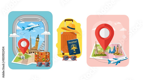 Travel Icons Airplane, Suitcase, Passport, Map, and Sightseeing Destination Illustrations