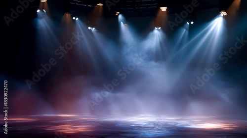 Spotlight projectors effects,With smoke on dark wall studio background,