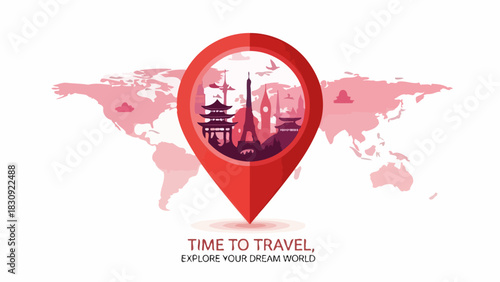 Red location pin with famous international landmarks on a world map, illustrating the concept of time to travel and explore